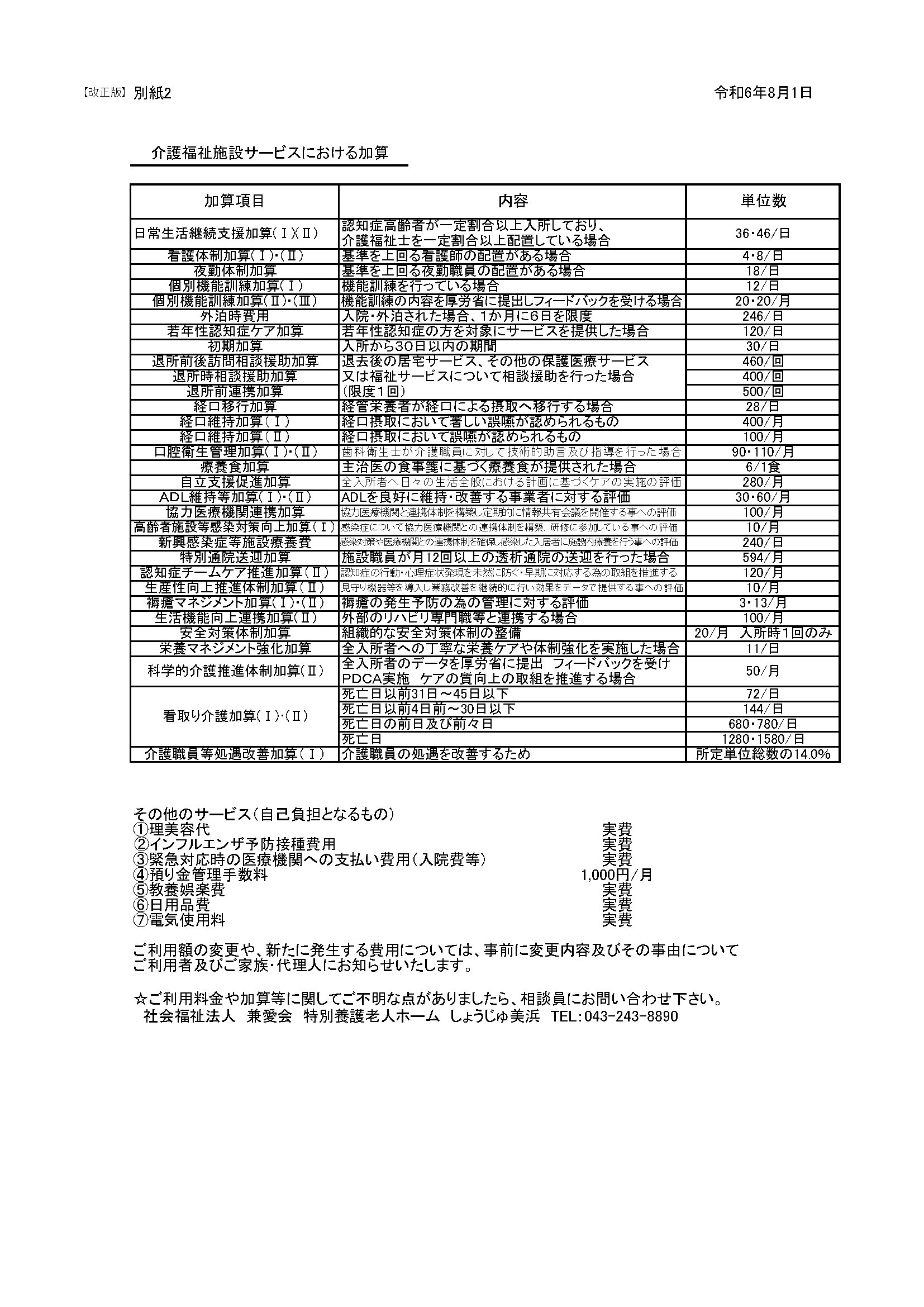 入所介護料金表