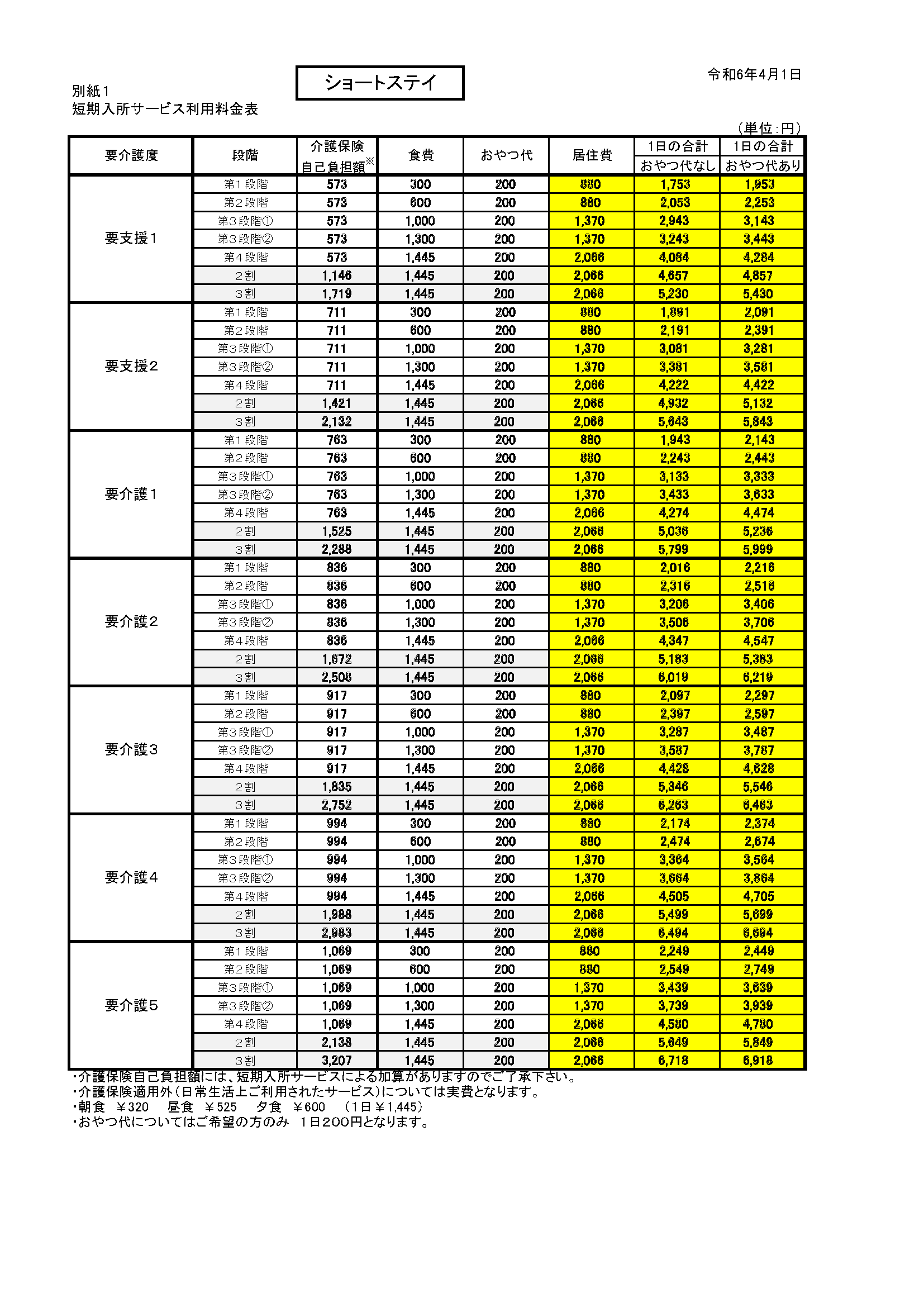 202406ショートステイ料金表